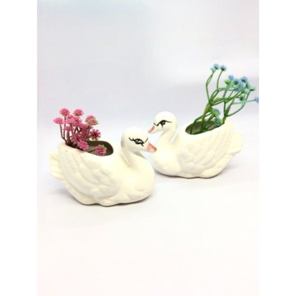 VINTAGE SWAN PLANTERS White Ceramic Pair Made In Japan MCM Bird Figurines